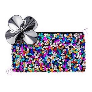 MAC Cosmetics Shiny Pretty Things Makeup Bag with Rainbow Sequins and Flower